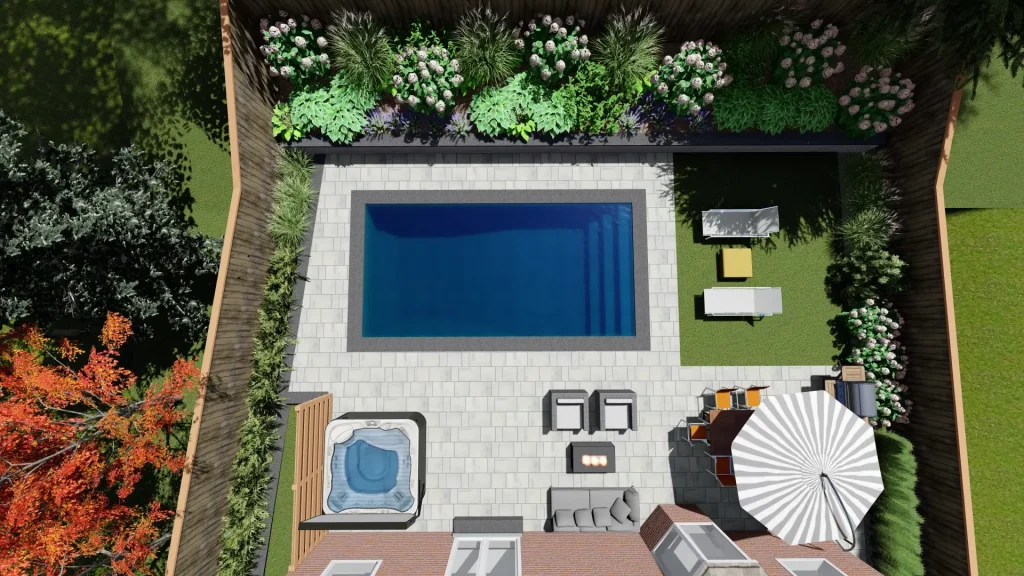 A 3D rending of backyard renovation and staging done by Boulder Design