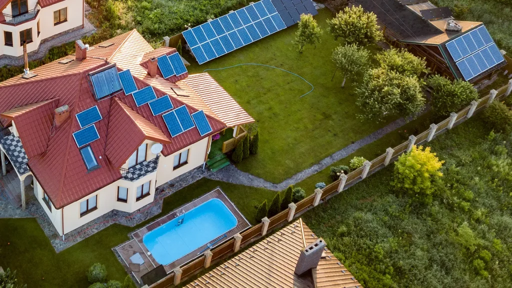 Boulder Design drone view of Solar Pool Heater for Backyard Pools