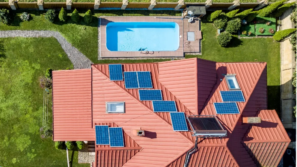 Boulder Design drone view of Solar Pool Heater for Backyard Pools
