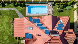 Boulder Design drone view of Solar Pool Heater for Backyard Pools