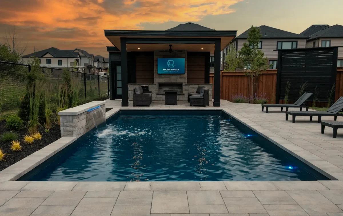 A backyard pool, patio and deck build in Mount Hope, Ontario by Boulder Design Pools and Landscapes